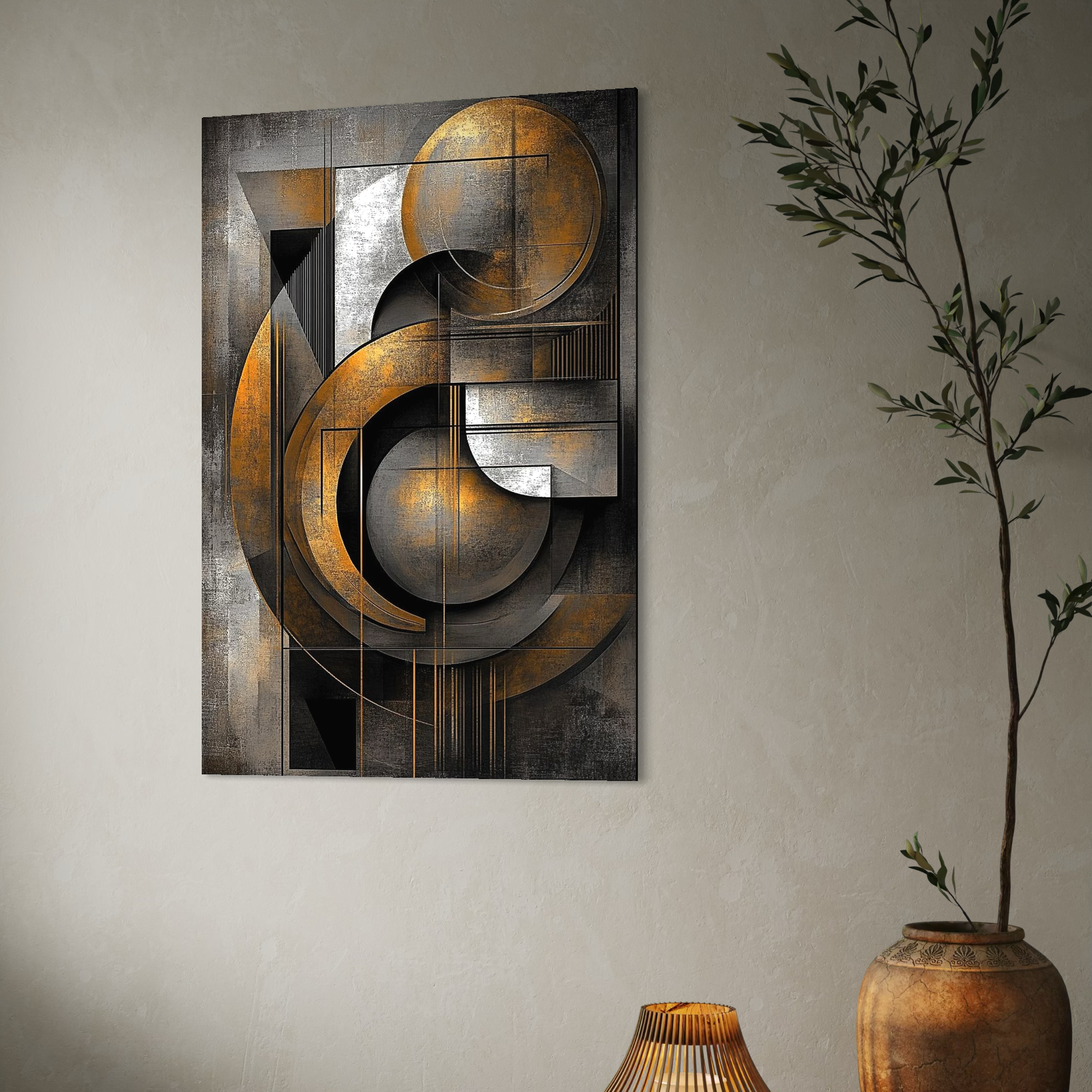 Leinwand Premium Canvas Wall Art, LuxCanva® C1298, Der Kreis, der die Welt hält, Abstrakt, Gold, Schwarz, Grau, Geometrie, Atmen, Gleichgewicht, Schwerkraft, Ritual, Ruhe, Stabilität, Materie, Büro, Wohnen, Schlafzimmer