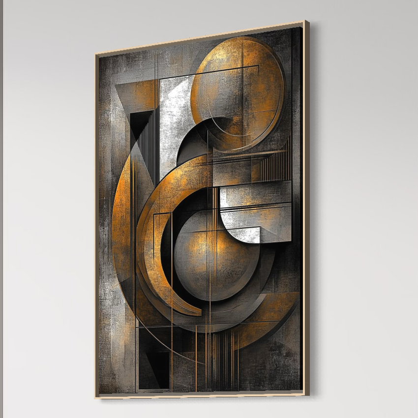 Leinwand Premium Canvas Wall Art, LuxCanva® C1298, Der Kreis, der die Welt hält, Abstrakt, Gold, Schwarz, Grau, Geometrie, Atmen, Gleichgewicht, Schwerkraft, Ritual, Ruhe, Stabilität, Materie, Büro, Wohnen, Schlafzimmer