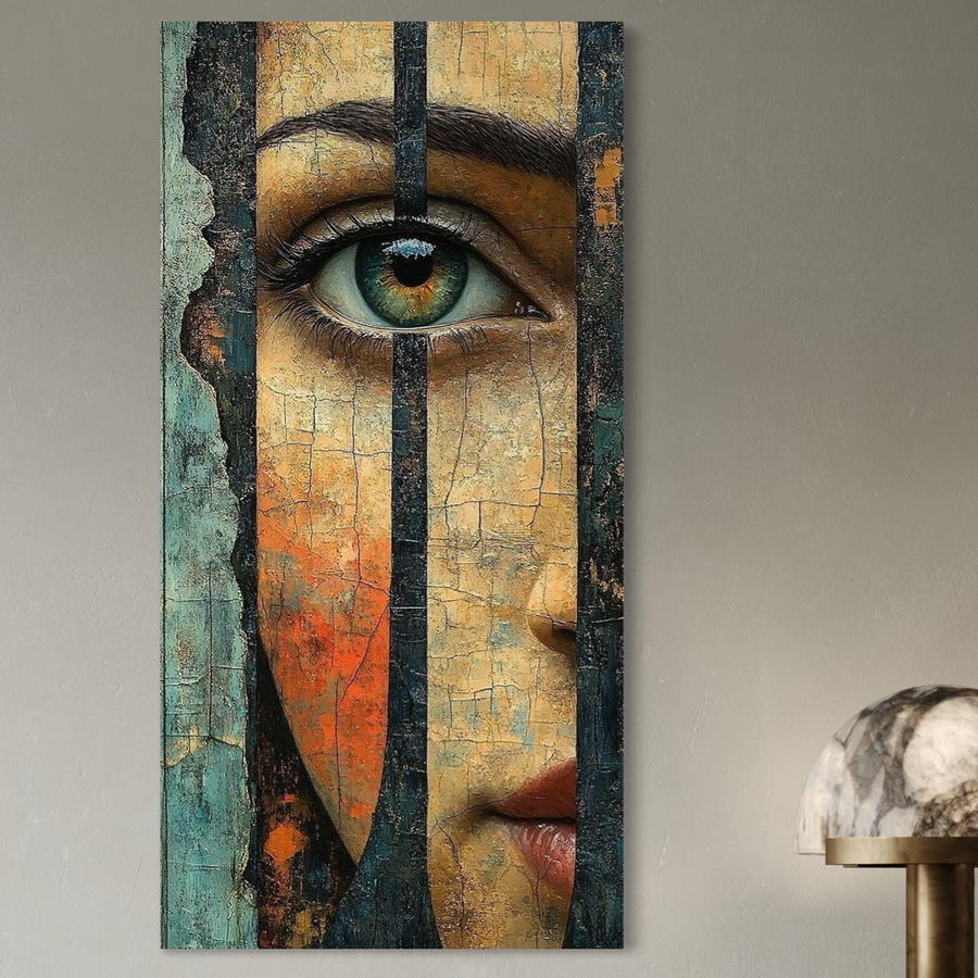 Pe perete, Tablou Canvas Premium de LuxCanva® "Privirea dintre ziduri" (C1300) prezintă chipul fragmentat al unei femei și ochiul verde în spatele unor linii verticale, într-un stil abstract, texturat. O lampă din marmură și alamă stă alături de aceste printuri canvas premium.