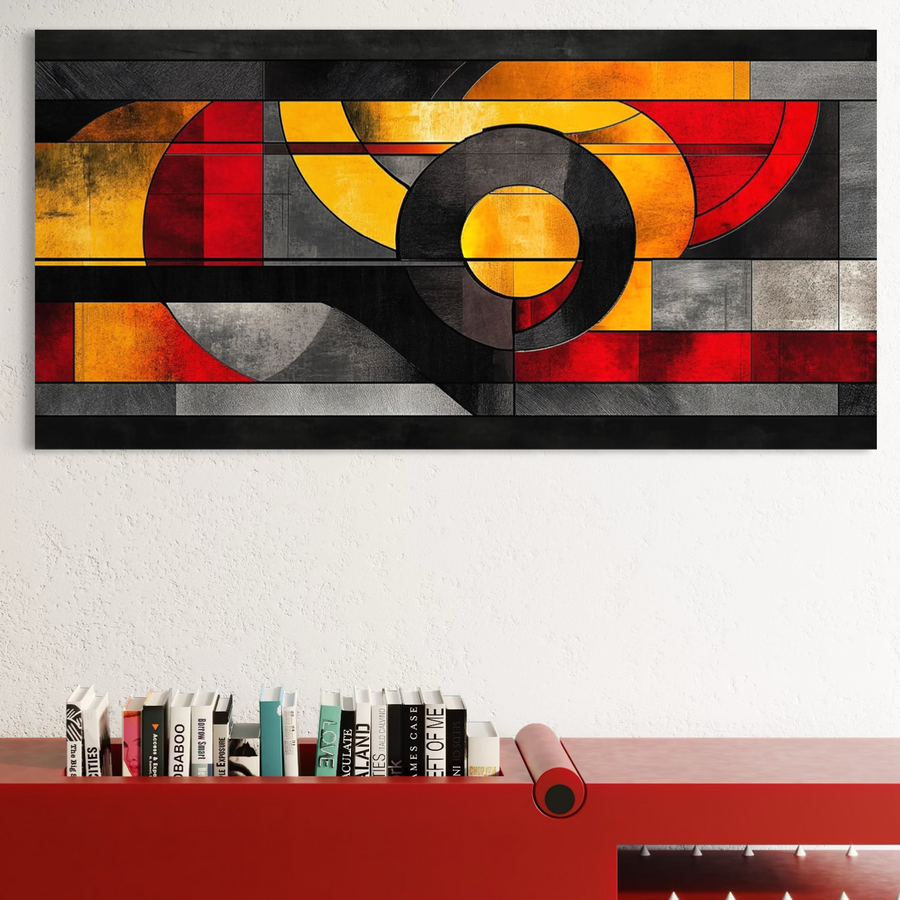 Un Tablou Canvas Premium LuxCanva® vibrant, Cercul care taie linistea (C1302), cu forme geometrice abstracte în roșu, adaugă eleganță deasupra unui raft roșu de cărți - perfect pentru decorarea camerei de zi, biroului sau dormitorului de la LuxCanva®, magazin tablouri canvas premium.