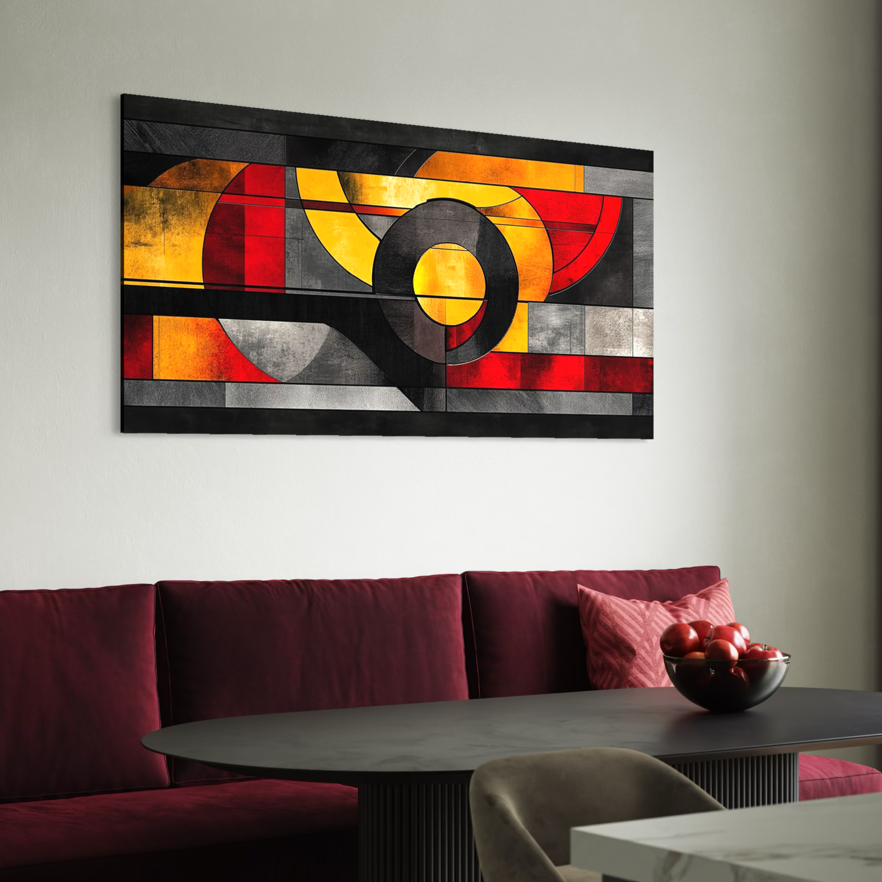 Tablou Canvas Premium, LuxCanva® C1302, Cercul care taie linistea, Geometrie, Culori, Abstract, Echilibru, Rosu, Foc, Cerc, Ars, Linii, Arhitectura, Simbol, Design, Arta, Birou, Living, Dormitor