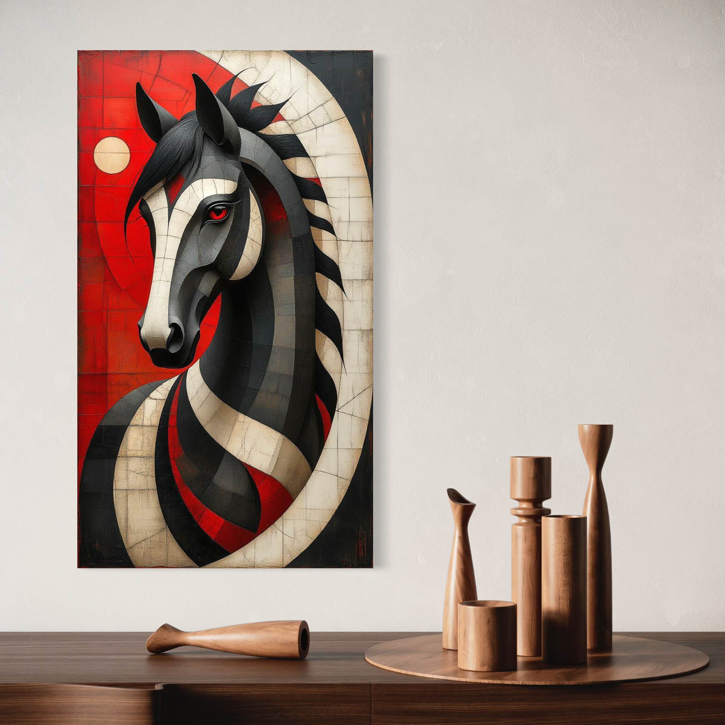 Tablou Canvas Premium, LuxCanva® C1303, Calul din foc si umbra, Geometrie, Culori, Abstract, Rosu, Foc, Linii, Cal, Frumusete, Animal, Veghe, Paznic, Simbol, Design, Arta, Birou, Living, Dormitor