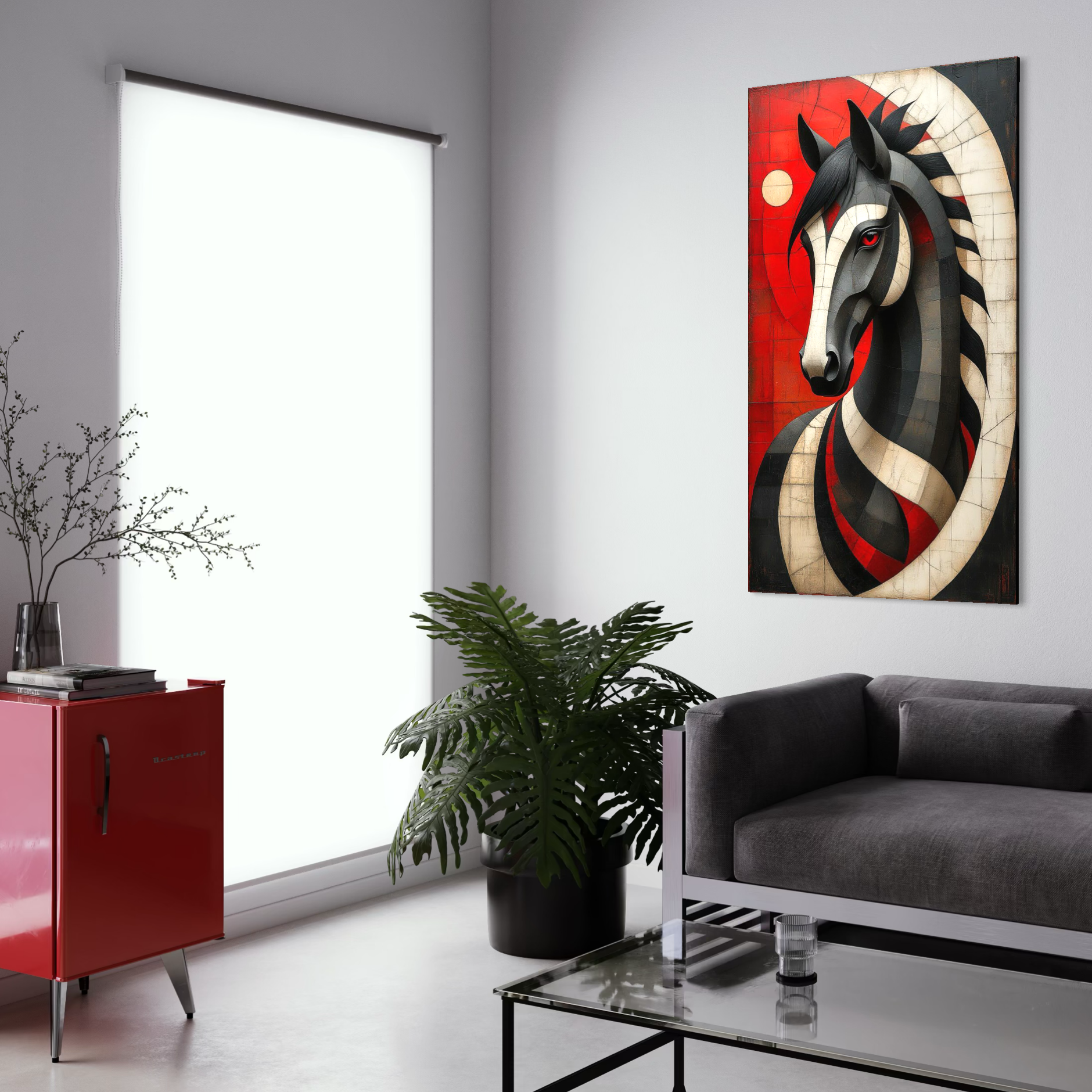 Tablou Canvas Premium, LuxCanva® C1303, Calul din foc si umbra, Geometrie, Culori, Abstract, Rosu, Foc, Linii, Cal, Frumusete, Animal, Veghe, Paznic, Simbol, Design, Arta, Birou, Living, Dormitor