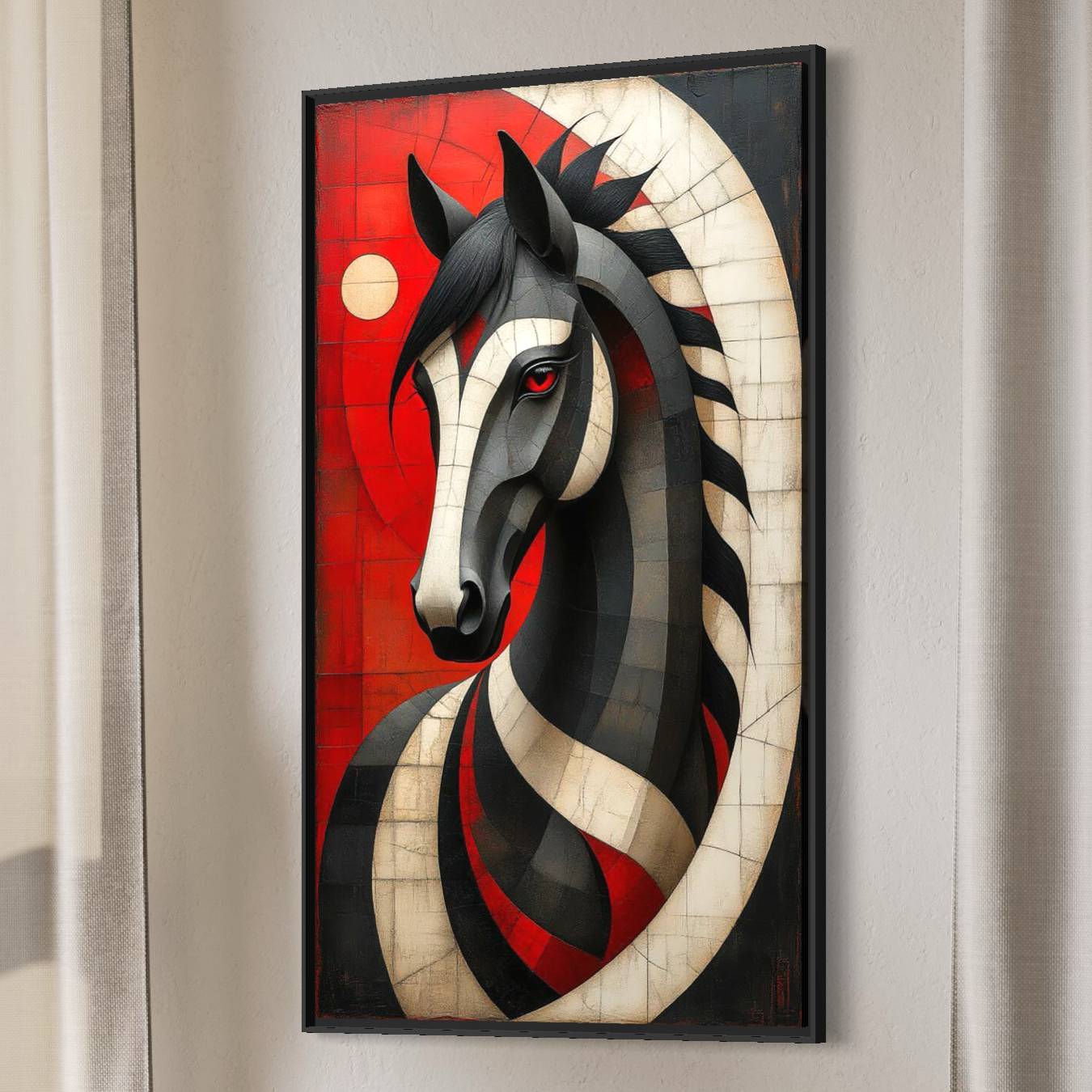 Tablou Canvas Premium, LuxCanva® C1303, Calul din foc si umbra, Geometrie, Culori, Abstract, Rosu, Foc, Linii, Cal, Frumusete, Animal, Veghe, Paznic, Simbol, Design, Arta, Birou, Living, Dormitor