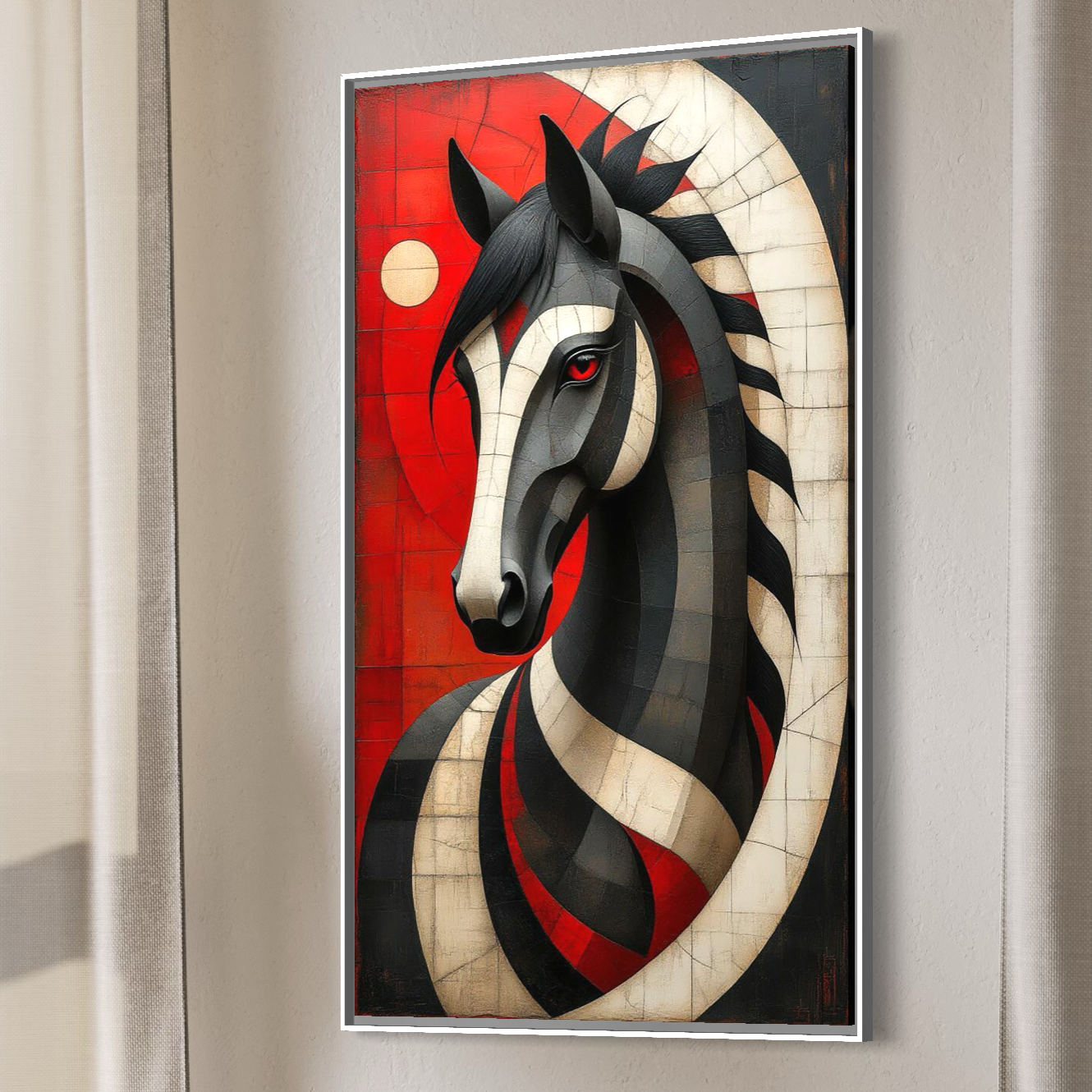 Tablou Canvas Premium, LuxCanva® C1303, Calul din foc si umbra, Geometrie, Culori, Abstract, Rosu, Foc, Linii, Cal, Frumusete, Animal, Veghe, Paznic, Simbol, Design, Arta, Birou, Living, Dormitor