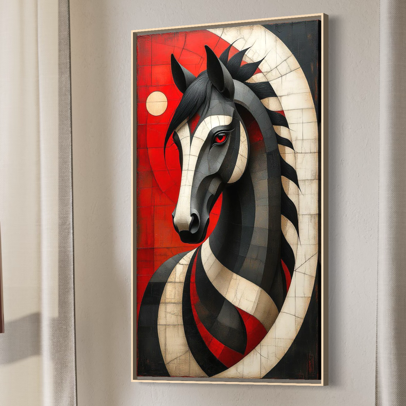 Tablou Canvas Premium, LuxCanva® C1303, Calul din foc si umbra, Geometrie, Culori, Abstract, Rosu, Foc, Linii, Cal, Frumusete, Animal, Veghe, Paznic, Simbol, Design, Arta, Birou, Living, Dormitor