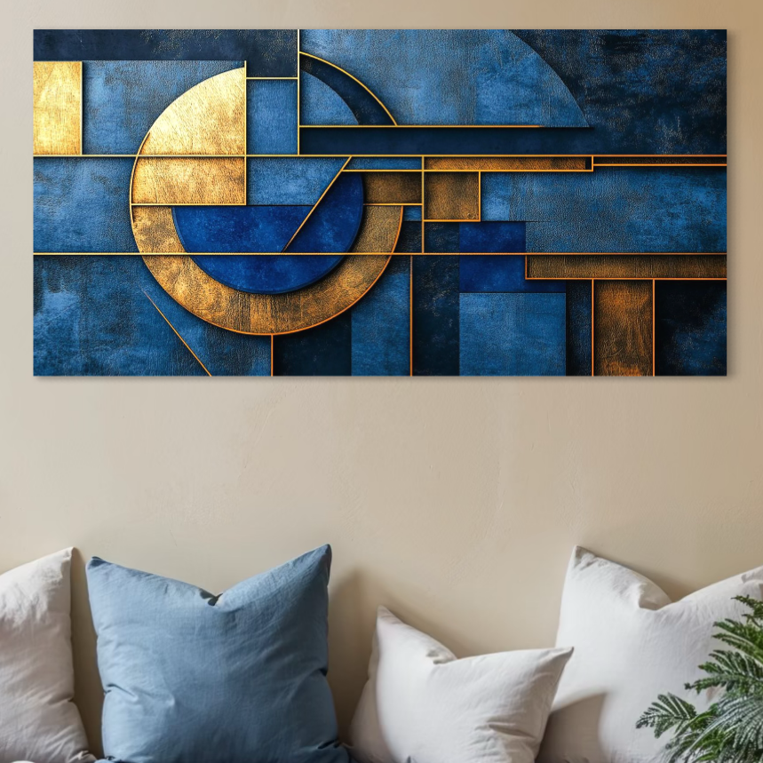 Tablou Canvas Premium LuxCanva® C1304, cu formă geometrică aurii și tonuri de albastru profund, decorează elegant spațiul deasupra unei canapele bej cu perne albastre și albe, adăugând un plus de rafinament oricărui interior.