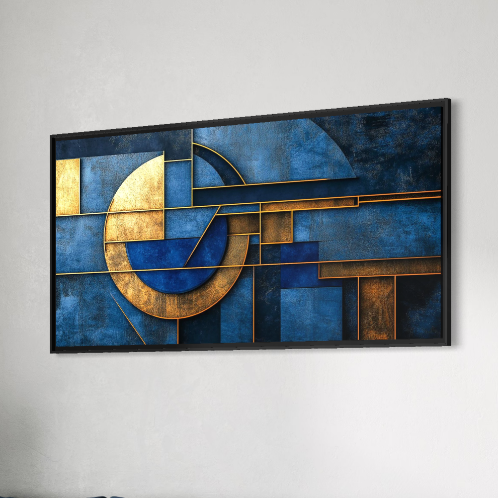 Tablou Canvas Premium, LuxCanva® C1304, Albastru arhitectural, Geometrie, Culori, Abstract, Albastru, Auriu, Profund, Minimalism, Design, Mural, Interior, Expozitie, Arta, Birou, Living, Dormitor