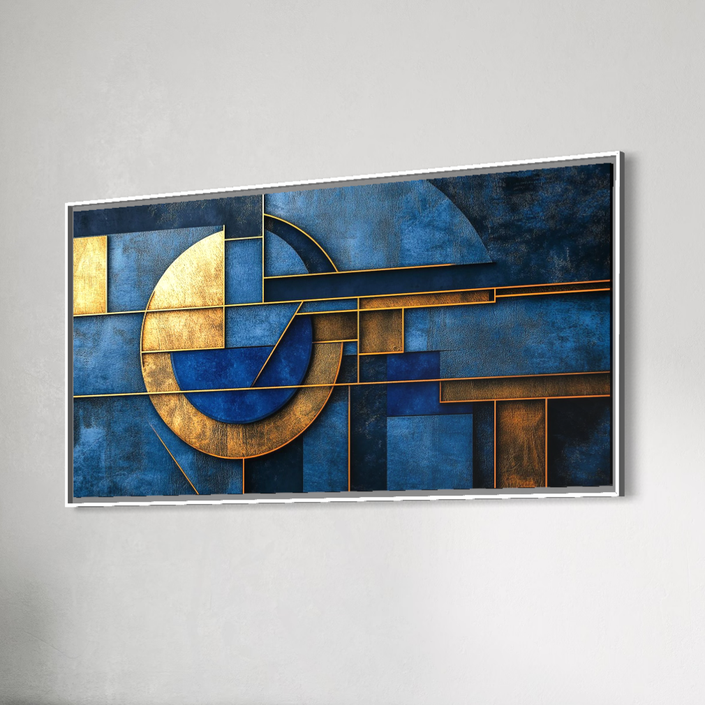 Tablou Canvas Premium, LuxCanva® C1304, Albastru arhitectural, Geometrie, Culori, Abstract, Albastru, Auriu, Profund, Minimalism, Design, Mural, Interior, Expozitie, Arta, Birou, Living, Dormitor