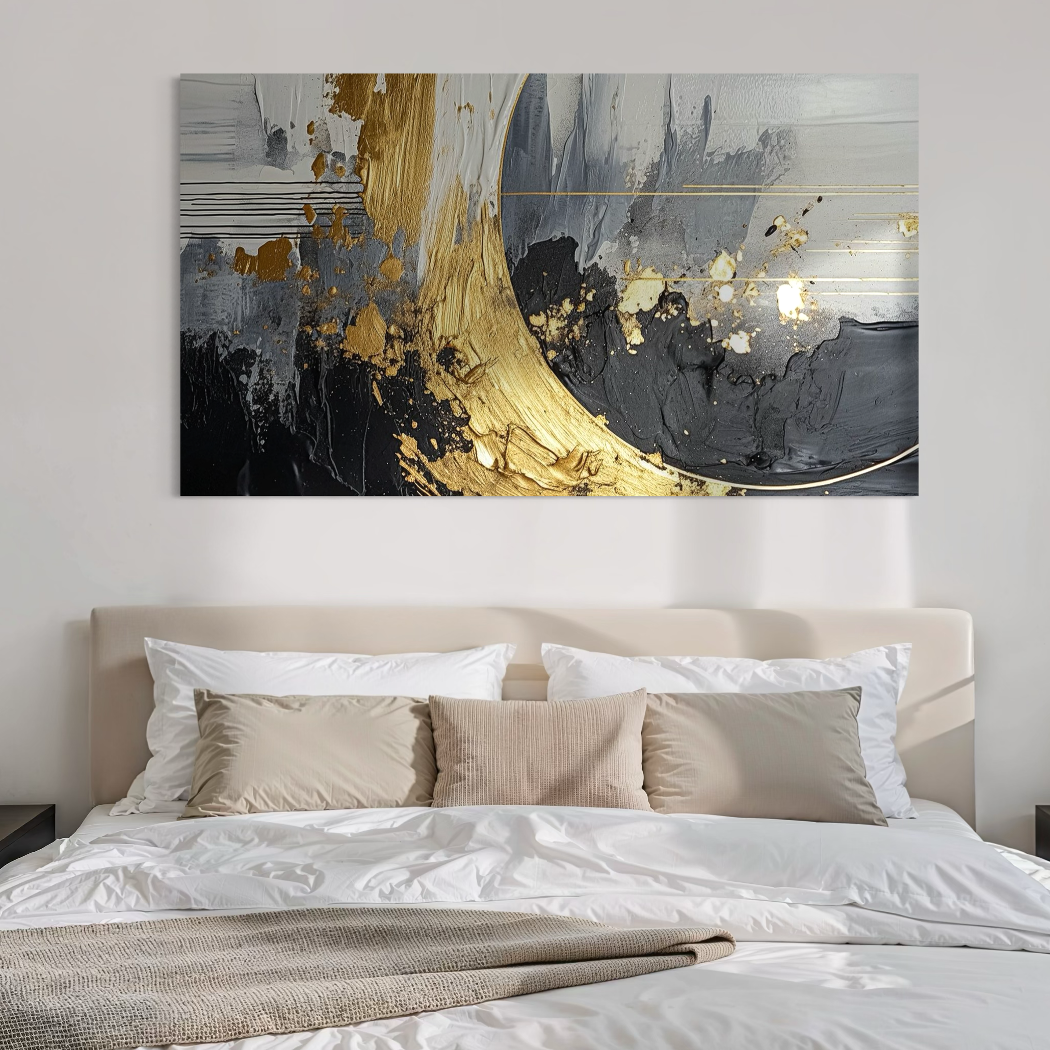 Tablou Canvas Premium, LuxCanva® C1305, Tacere turnata in aur, Geometrie, Culori, Abstract, Auriu, Valuri, Minimalism, Design, Curgere, Miscare, Interior, Expozitie, Arta, Birou, Living, Dormitor