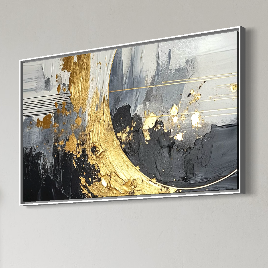 Tablou Canvas Premium, LuxCanva® C1305, Tacere turnata in aur, Geometrie, Culori, Abstract, Auriu, Valuri, Minimalism, Design, Curgere, Miscare, Interior, Expozitie, Arta, Birou, Living, Dormitor