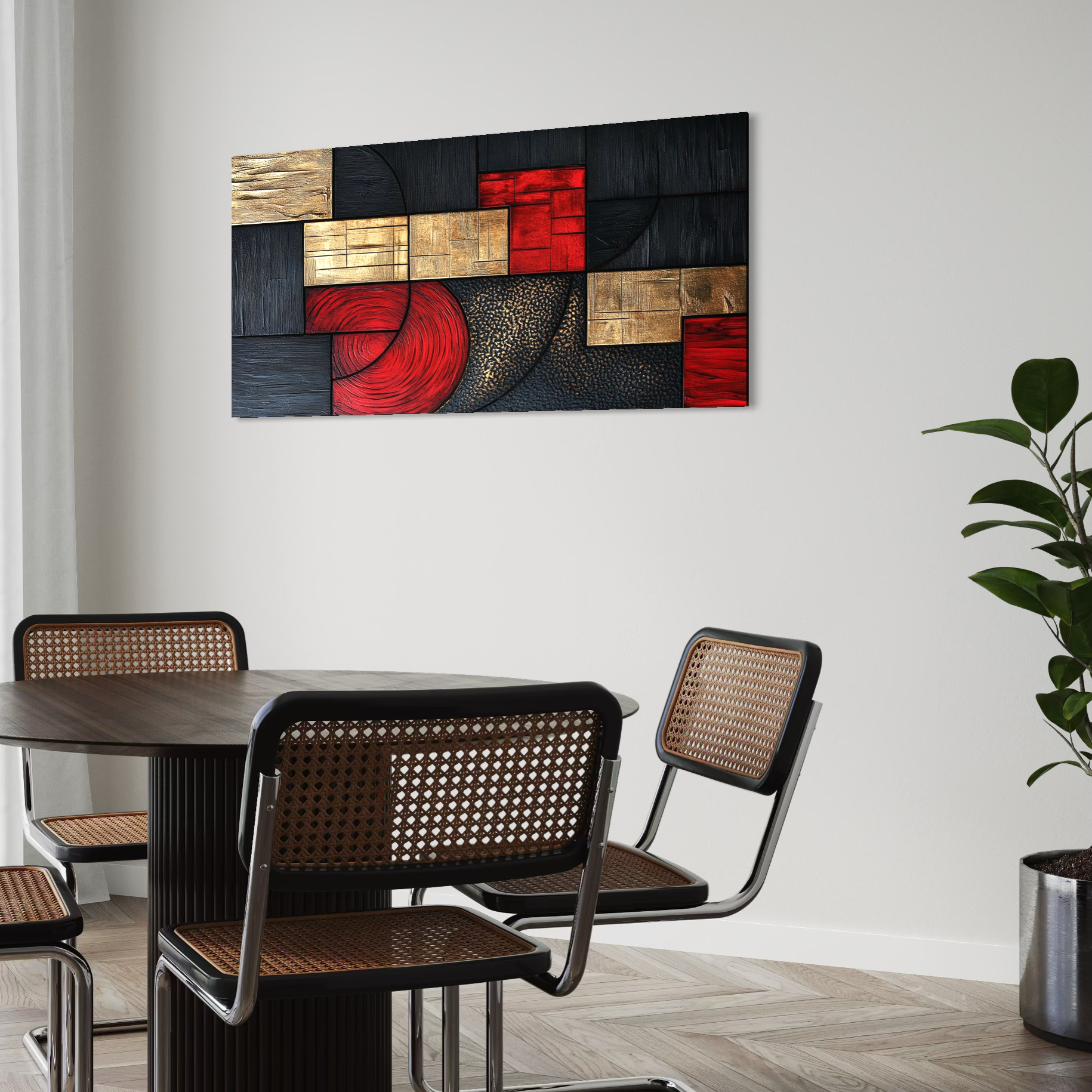 Tablou Canvas Premium, LuxCanva® C1306, Ordinea pasiunii, Geometrie, Culori, Abstract, Auriu, Rosu, Negru, Minimalism, Design, Cerc, Labirint, Dorinta, Expozitie, Arta, Birou, Living, Dormitor