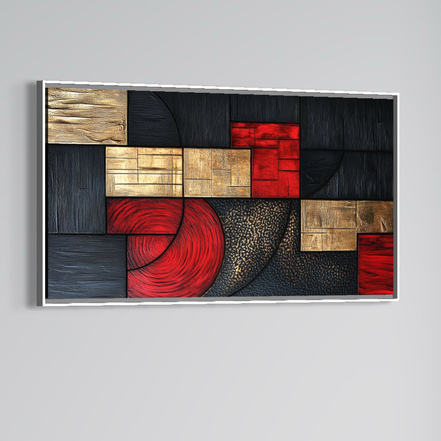 Tablou Canvas Premium, LuxCanva® C1306, Ordinea pasiunii, Geometrie, Culori, Abstract, Auriu, Rosu, Negru, Minimalism, Design, Cerc, Labirint, Dorinta, Expozitie, Arta, Birou, Living, Dormitor