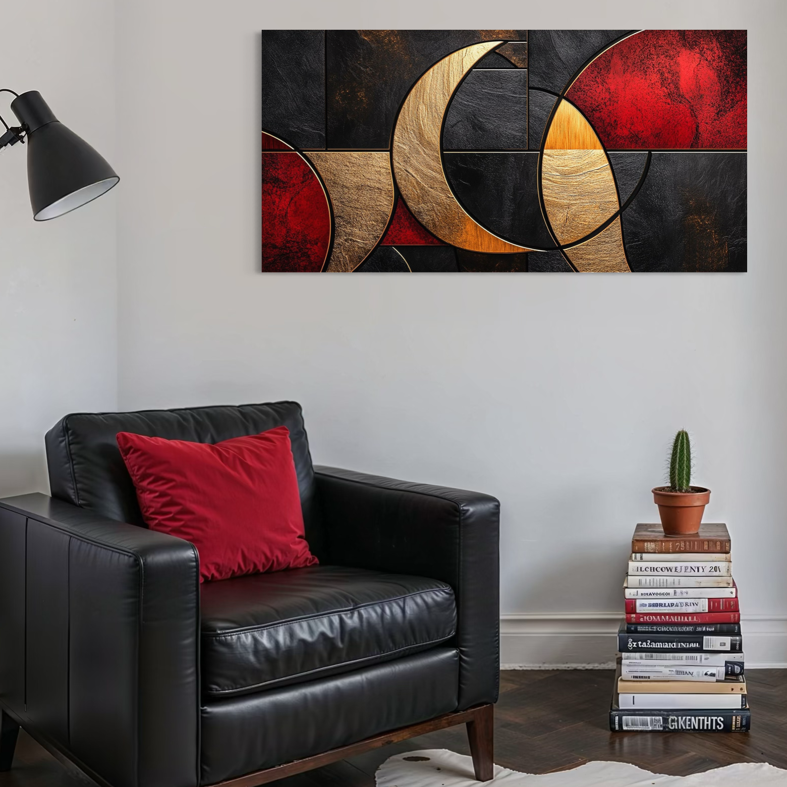 Tablou Canvas Premium, LuxCanva® C1307, Aurul Noptii, Geometrie, Culori, Abstract, Auriu, Cerc, Arc, Linii, Rosu, Asimetrie, Colectie, Galerie, Expresiv, Premium, Visare, Birou, Living, Dormitor