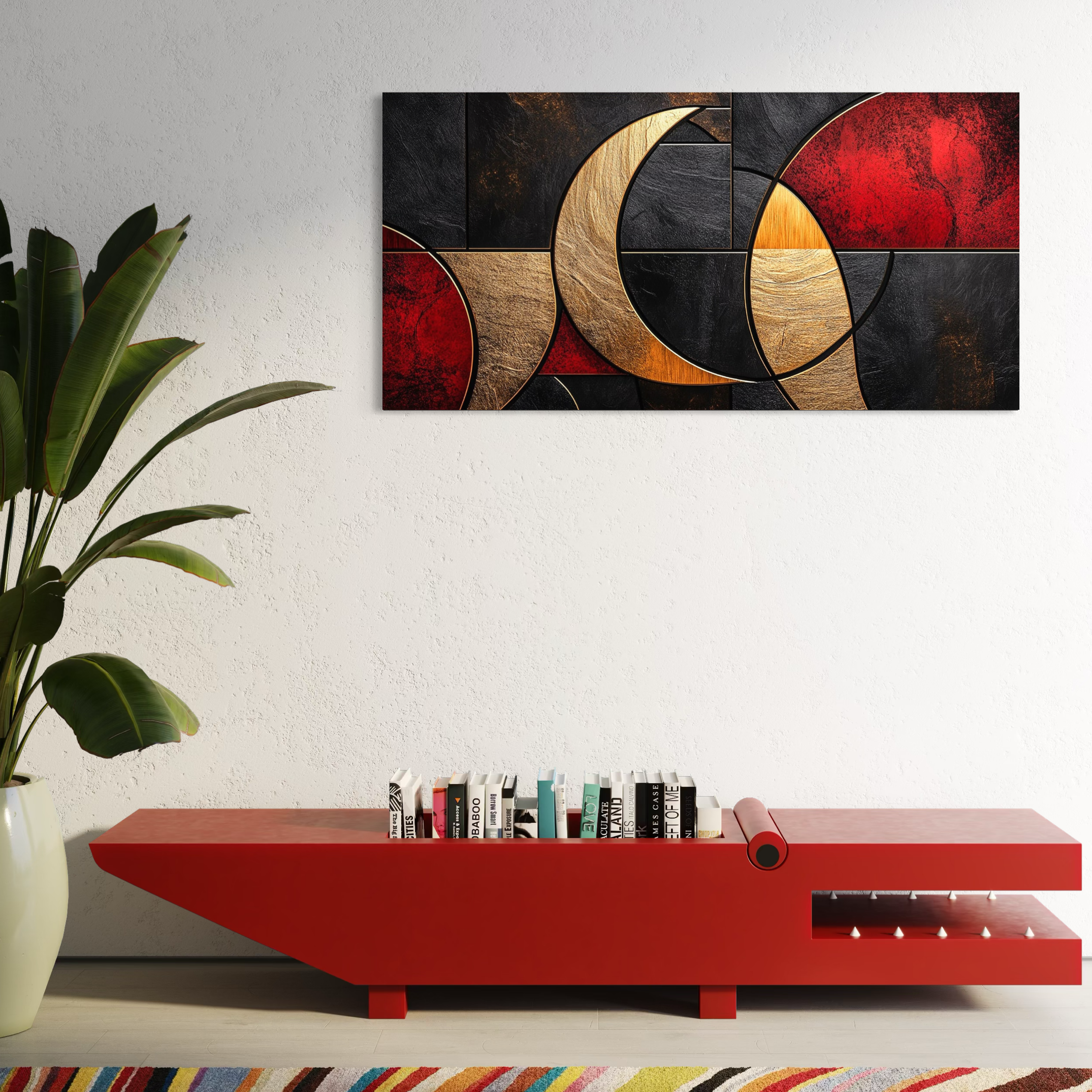 Tablou Canvas Premium, LuxCanva® C1307, Aurul Noptii, Geometrie, Culori, Abstract, Auriu, Cerc, Arc, Linii, Rosu, Asimetrie, Colectie, Galerie, Expresiv, Premium, Visare, Birou, Living, Dormitor