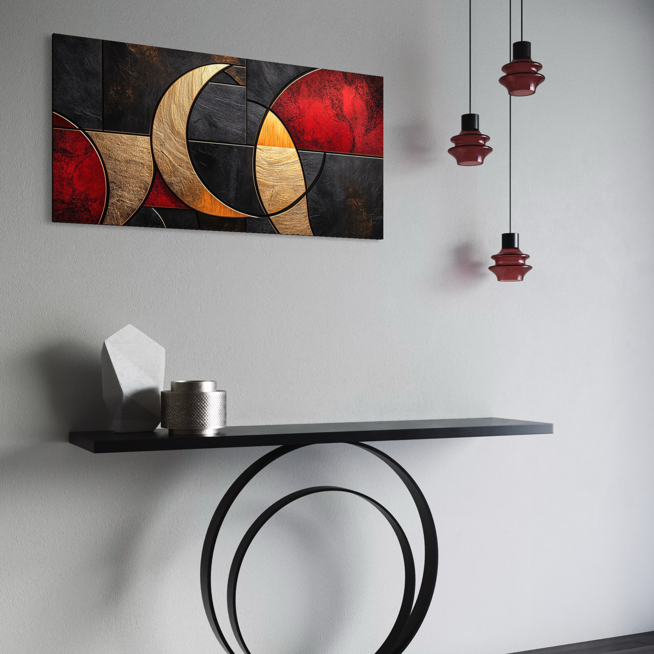 Tablou Canvas Premium, LuxCanva® C1307, Aurul Noptii, Geometrie, Culori, Abstract, Auriu, Cerc, Arc, Linii, Rosu, Asimetrie, Colectie, Galerie, Expresiv, Premium, Visare, Birou, Living, Dormitor