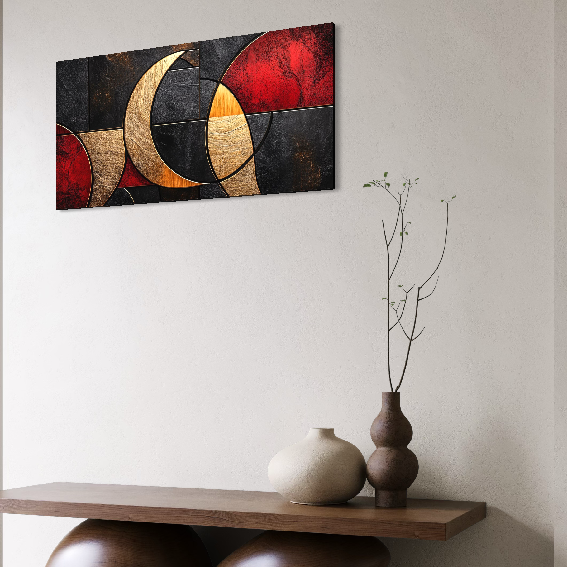 Tablou Canvas Premium, LuxCanva® C1307, Aurul Noptii, Geometrie, Culori, Abstract, Auriu, Cerc, Arc, Linii, Rosu, Asimetrie, Colectie, Galerie, Expresiv, Premium, Visare, Birou, Living, Dormitor