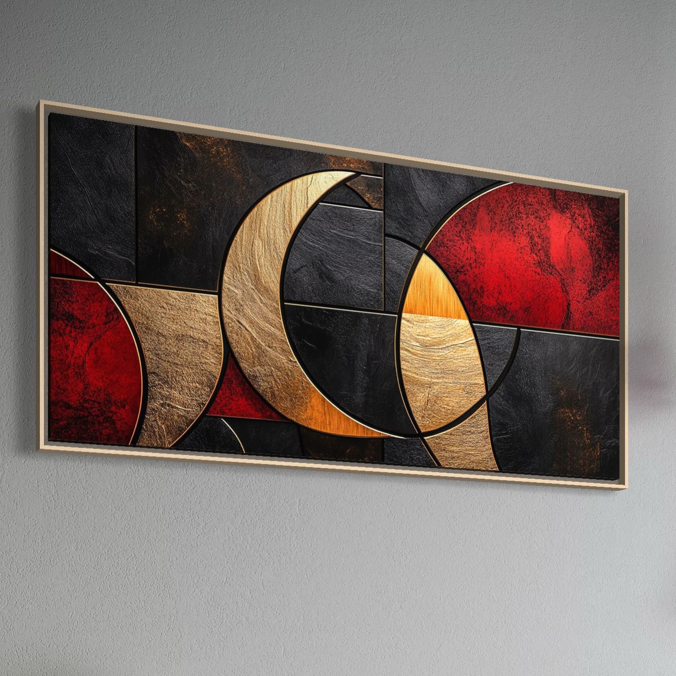 Tablou Canvas Premium, LuxCanva® C1307, Aurul Noptii, Geometrie, Culori, Abstract, Auriu, Cerc, Arc, Linii, Rosu, Asimetrie, Colectie, Galerie, Expresiv, Premium, Visare, Birou, Living, Dormitor