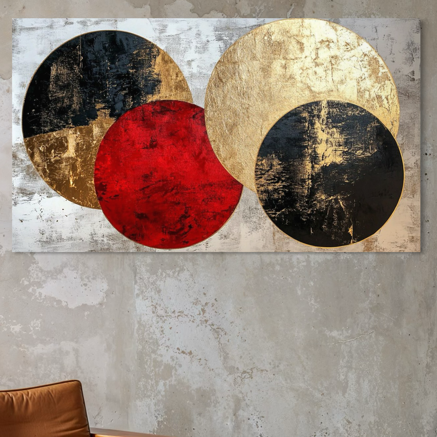 Tablou Canvas Premium LuxCanva® C1308 - Inceput Fara Sfarsit" prezintă forme geometrice aurii abstracte suprapuse, perfecte pentru a adăuga energie cosmică sufrageriei, dormitorului sau biroului dumneavoastră. Disponibil la LuxCanva® - Magazin tablouri canvas.