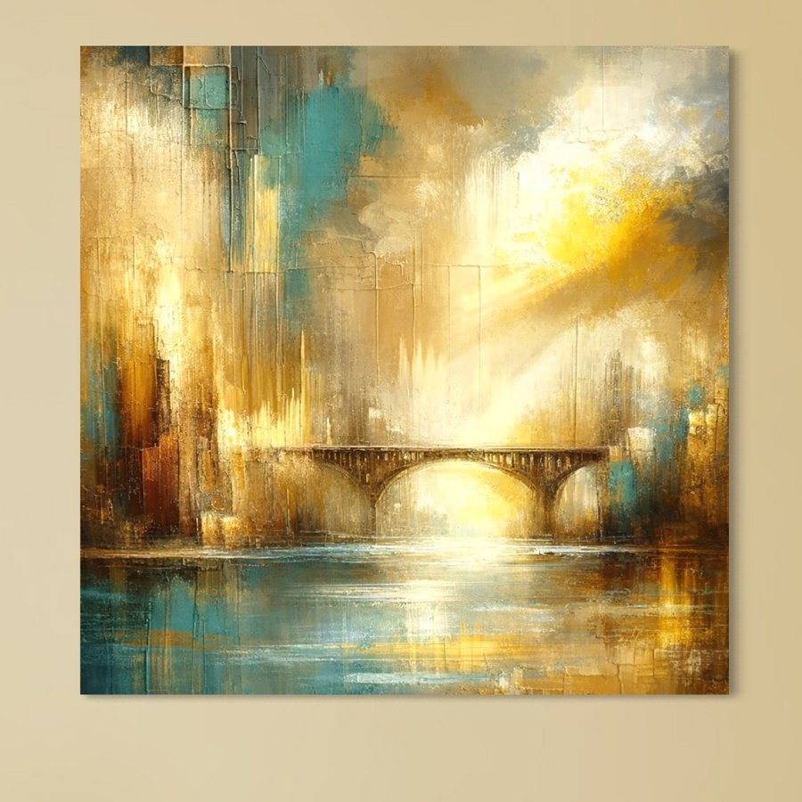 Tablou Canvas Premium LuxCanva® C1310 "Respirația Zorilor": abstract cu pod aurit peste apă, baiându-se în lumina dimineții, reflexii de culori și oraș - ideal pentru birou, living sau dormitor. Brand: LuxCanva® - Magazin tablouri canvas.