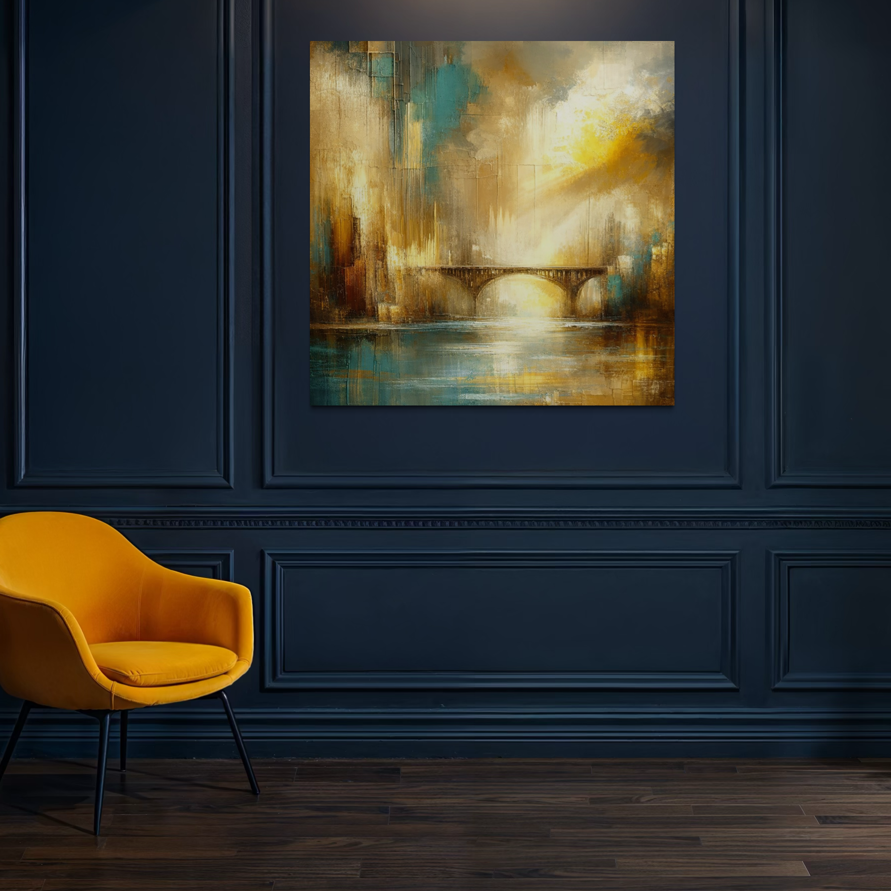 Tablou Canvas Premium, LuxCanva® C1310, Respiratia Zorilor, Culori, Abstract, Auriu, Pod, Trecere, Oras, Plimbare, Romantism, Dimineata, Lumina, Reflexie, Aur, Punte, Birou, Living, Dormitor