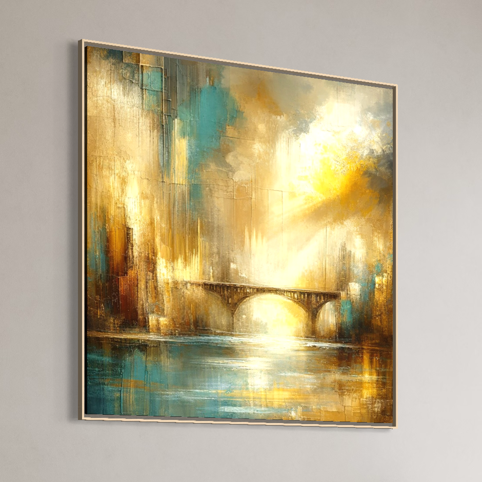 Tablou Canvas Premium, LuxCanva® C1310, Respiratia Zorilor, Culori, Abstract, Auriu, Pod, Trecere, Oras, Plimbare, Romantism, Dimineata, Lumina, Reflexie, Aur, Punte, Birou, Living, Dormitor