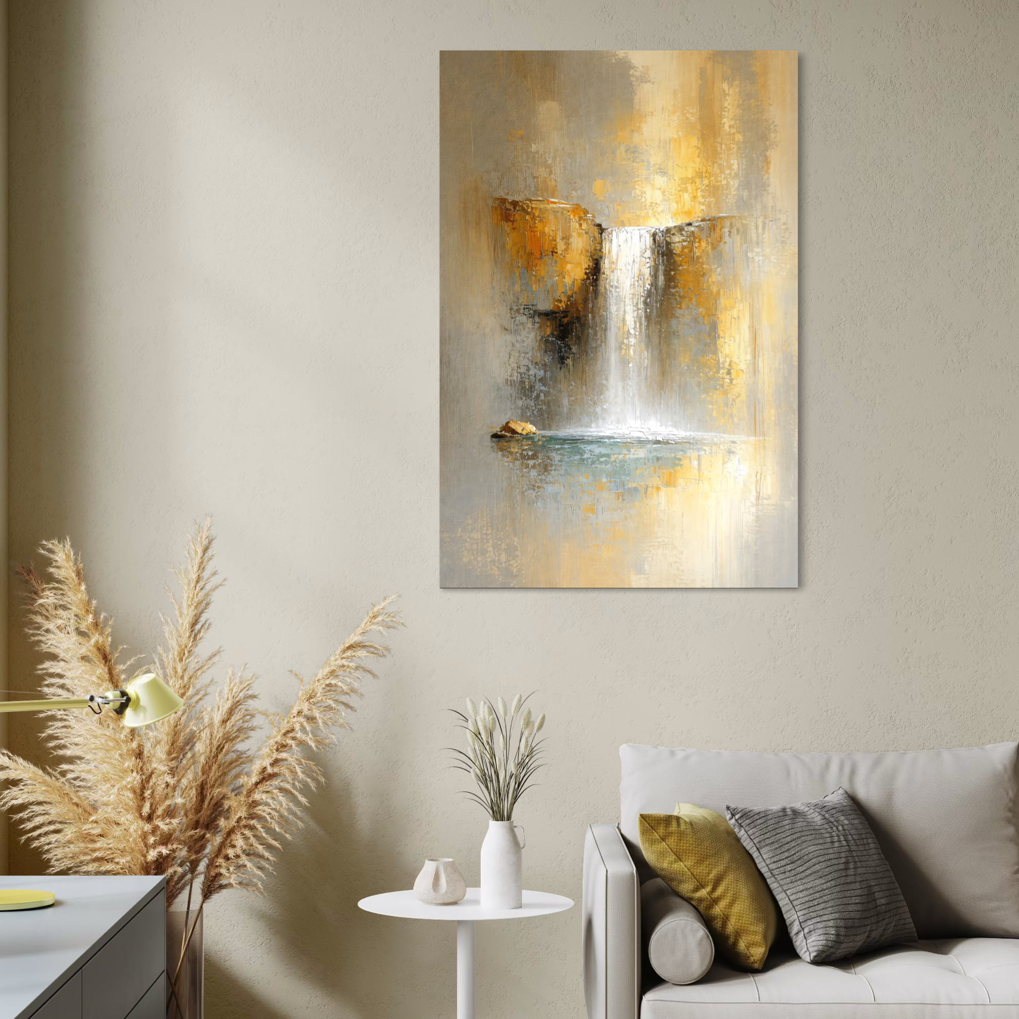 Tablou Canvas Premium, LuxCanva® C1311, Rugaciunea Apei, Culori, Abstract, Auriu, Cadere, Curgere, Cascada, Gold, Purificare, Ritual, Energie, Natura, Contemplare, Visare, Birou, Living, Dormitor