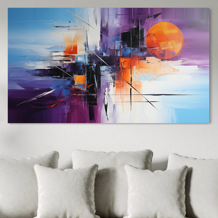 Tablou Canvas Premium LuxCanva® C1312, "Rasarit Artificial" - abstract modern cu portocaliu, violet și albastru, linii dinamice și formă geometrică. Un accent elegant de artă premium pentru birou, living sau dormitor.