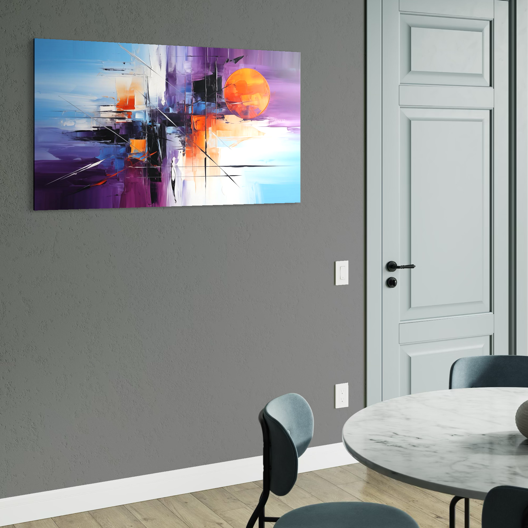 Tablou Canvas Premium, LuxCanva® C1312, Rasarit Artificial, Culori, Abstract, Dinamism, Modern, Portocaliu, Violet, Albastru, Linii, Traseu, Haos, Futurist, Miscare, Birou, Living, Dormitor