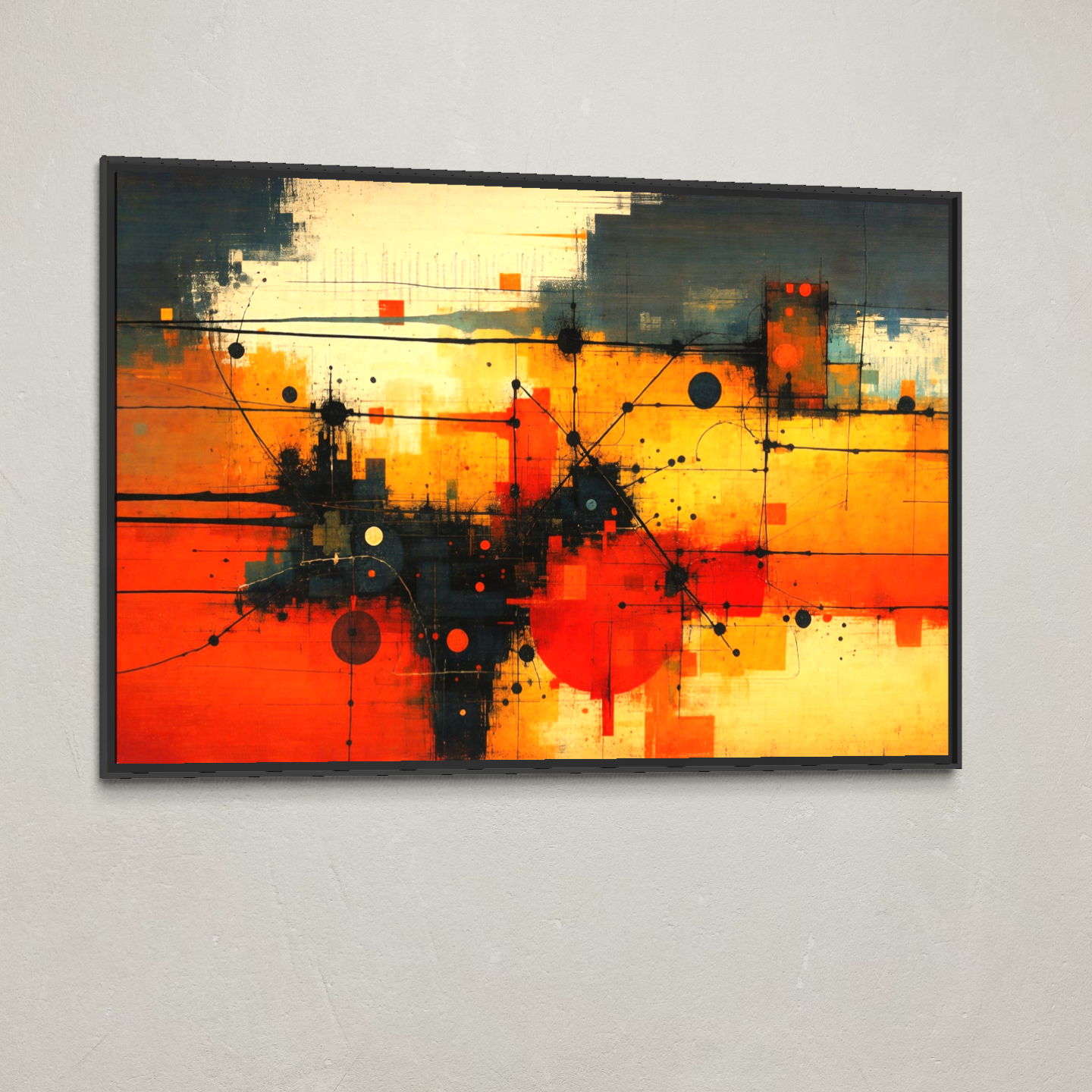 Tablou Canvas Premium, LuxCanva® C1313, Reteaua Focului, Culori, Abstract, Dinamism, Modern, Portocaliu, Rosu, Negru, Conectare, Retea, Structura, Arhitectural, Tehnologic, Birou, Living, Dormitor