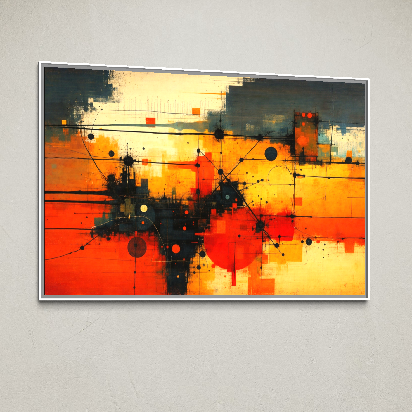 Tablou Canvas Premium, LuxCanva® C1313, Reteaua Focului, Culori, Abstract, Dinamism, Modern, Portocaliu, Rosu, Negru, Conectare, Retea, Structura, Arhitectural, Tehnologic, Birou, Living, Dormitor