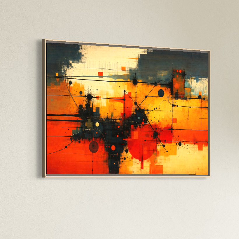 Tablou Canvas Premium, LuxCanva® C1313, Reteaua Focului, Culori, Abstract, Dinamism, Modern, Portocaliu, Rosu, Negru, Conectare, Retea, Structura, Arhitectural, Tehnologic, Birou, Living, Dormitor