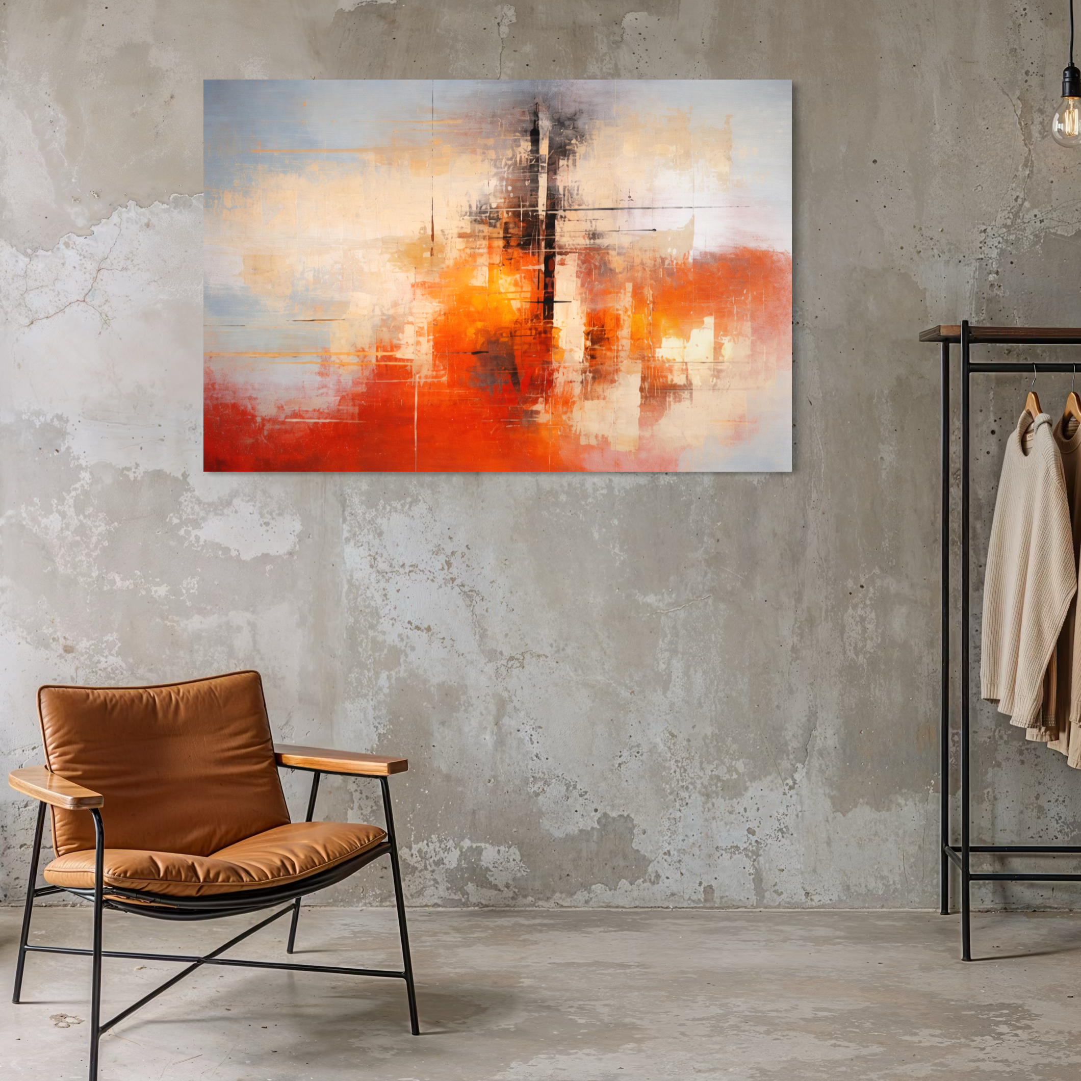 Tablou Canvas Premium, LuxCanva® C1314, Intre Cer si Beton, Culori, Abstract, Dinamism, Modern, Portocaliu, Rosu, Gri, Conectare, Retea, Structura, Arhitectural, Ziduri, Birou, Living, Dormitor