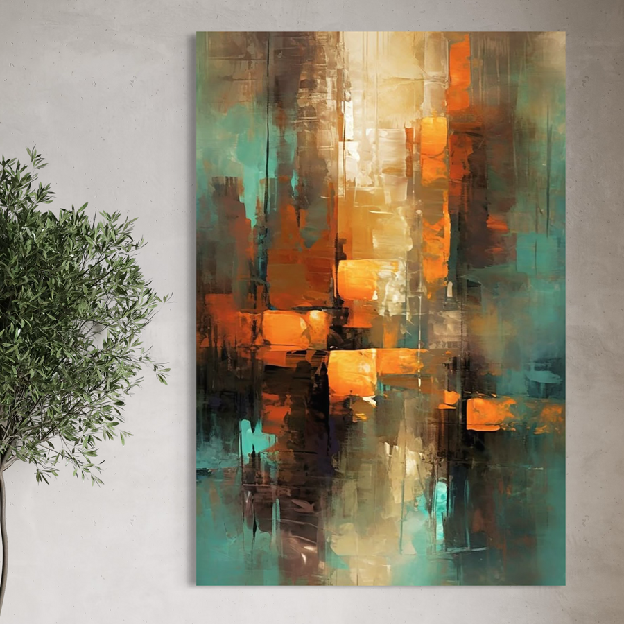 Tablou Canvas Premium LuxCanva® C1316 "Fragmente de Amurg": compoziție abstractă cu tonuri portocalii, brune, bej și turcoaz pe pânză de bumbac, ideal pentru birou, living sau dormitor. Brand: LuxCanva® - Magazin tablouri canvas.