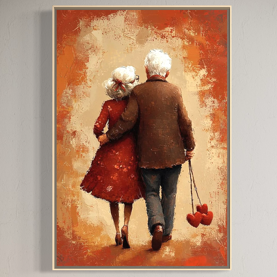 Tablou Canvas Premium LuxCanva® E1056 surprinde doi bătrâni ținându-se de mână, simbol al iubirii eterne. Ideal pentru living sau dormitor, acest print pe pânză adaugă tandrețe oricărui spațiu.