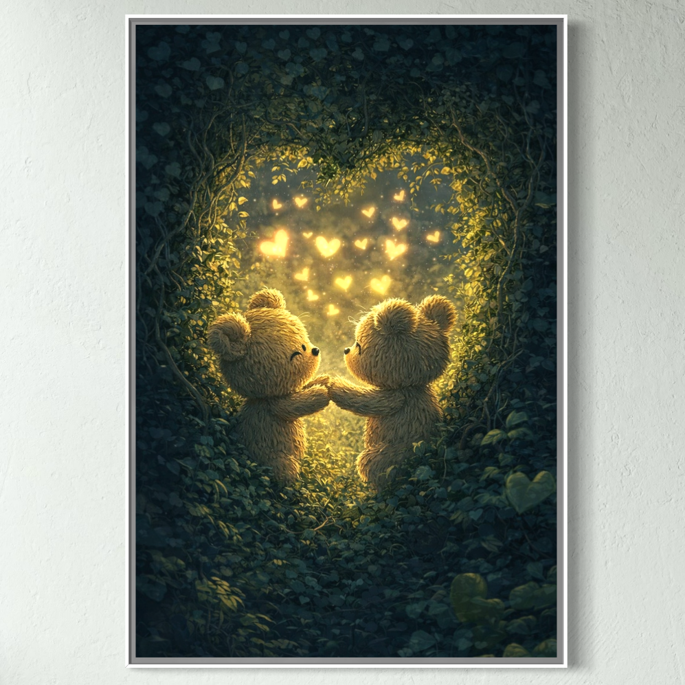 Tablou Canvas Premium, LuxCanva® E1059, Promisiunea din Padure, Dragoste, Inima, Valentine’s Day, Tandrete, Cuplu, Iubire, Ursuleti, Padure, Natura, Stralucire, Living, Dormitor
