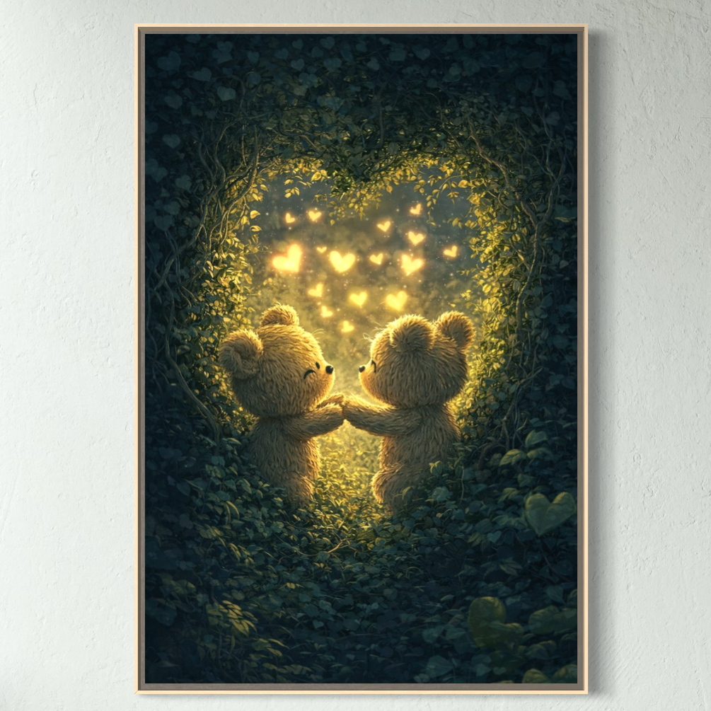 Doi ursuleți de pluș se întâlnesc într-o claie de pădure în formă de inimă, strălucind de iubire și tandrețe-Promisiunea din Padure. Perfect pentru decorul de Valentine's Day, Tablou Canvas Premium E1059 de la LuxCanva® aduce căldură în orice sufragerie sau dormitor.