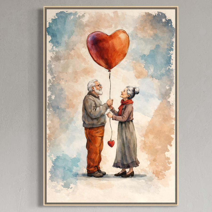 Tablou Canvas Premium LuxCanva® E1060, "Cand Dragostea e Acasa", surprinde un cuplu în vârstă cu o inimă roșie, pe panza bumbac cu tonuri blânde de albastru și bej, ideal pentru living sau dormitor. Brand: LuxCanva®.