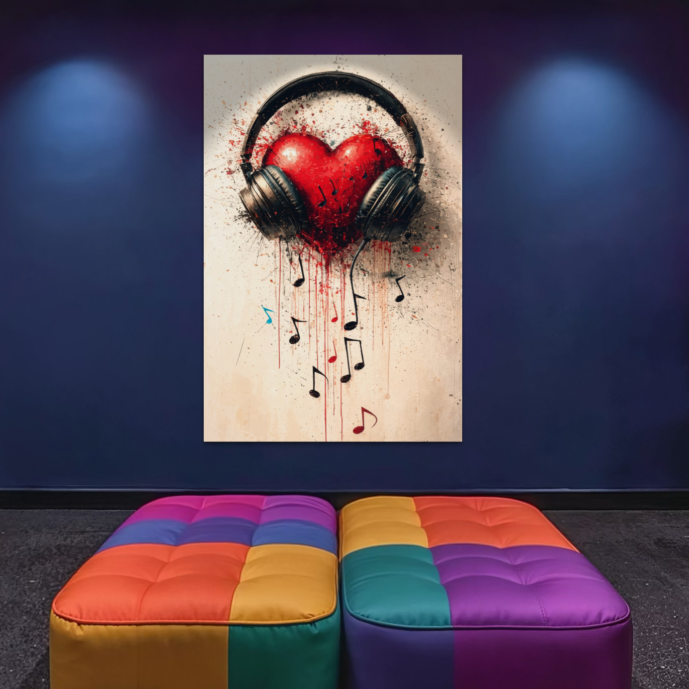 Tablou Canvas Premium, LuxCanva® E1061, Cand Muzica Devine Inima, Dragoste, Inima, Iubire, Melodie, Casti, Vibratie, Emotie, Sunet, Batai, Cantaret, Acorduri, Ritm, Living, Dormitor