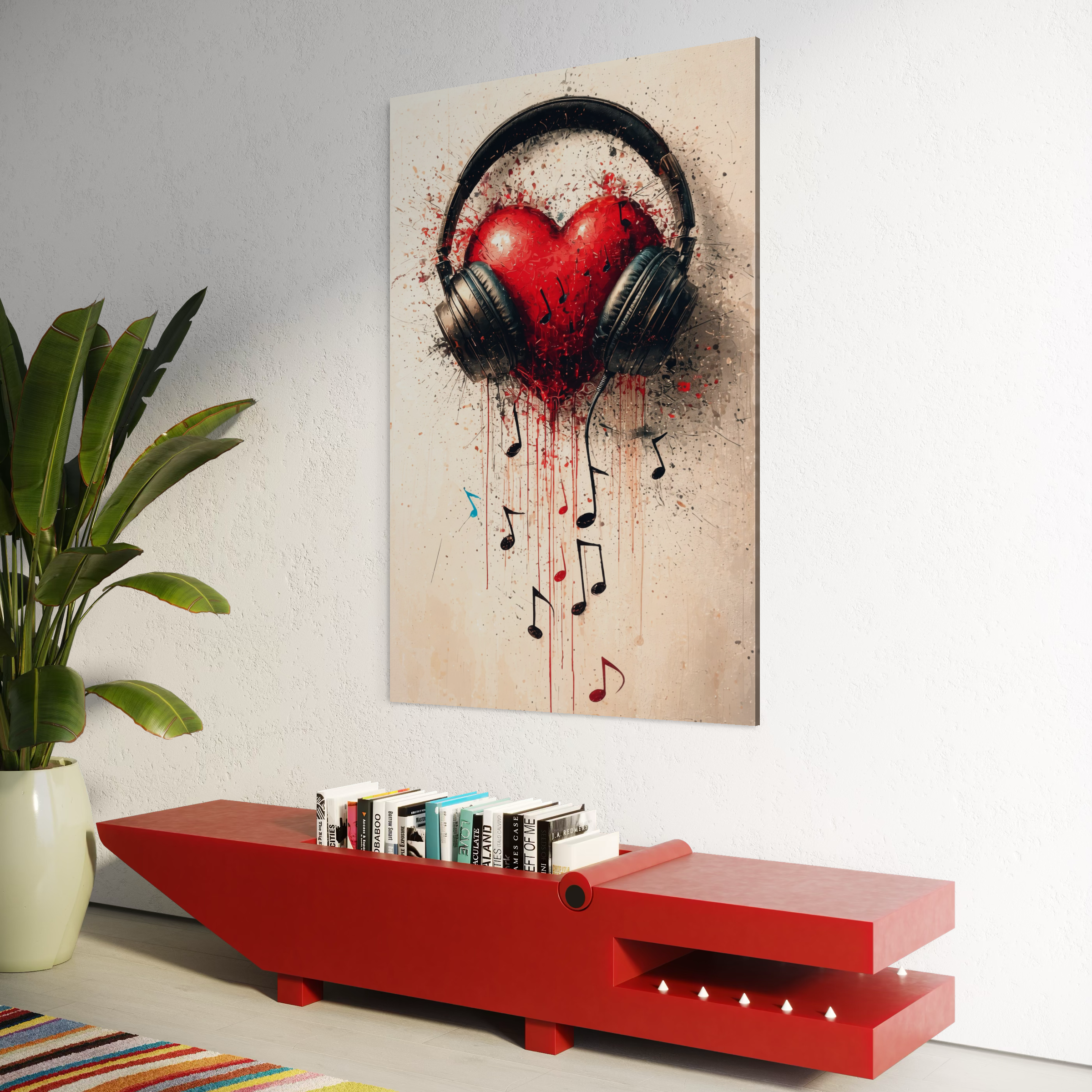 Tablou Canvas Premium, LuxCanva® E1061, Cand Muzica Devine Inima, Dragoste, Inima, Iubire, Melodie, Casti, Vibratie, Emotie, Sunet, Batai, Cantaret, Acorduri, Ritm, Living, Dormitor