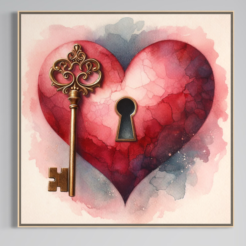 Tablou Canvas Premium LuxCanva® E1062 "Lacatul Sufletului" - inimă roșie-roz, cheie aurie ornamentală și orificiu central; artă modernă pentru living sau dormitor, ideal pentru decor elegant. Brand: LuxCanva®.