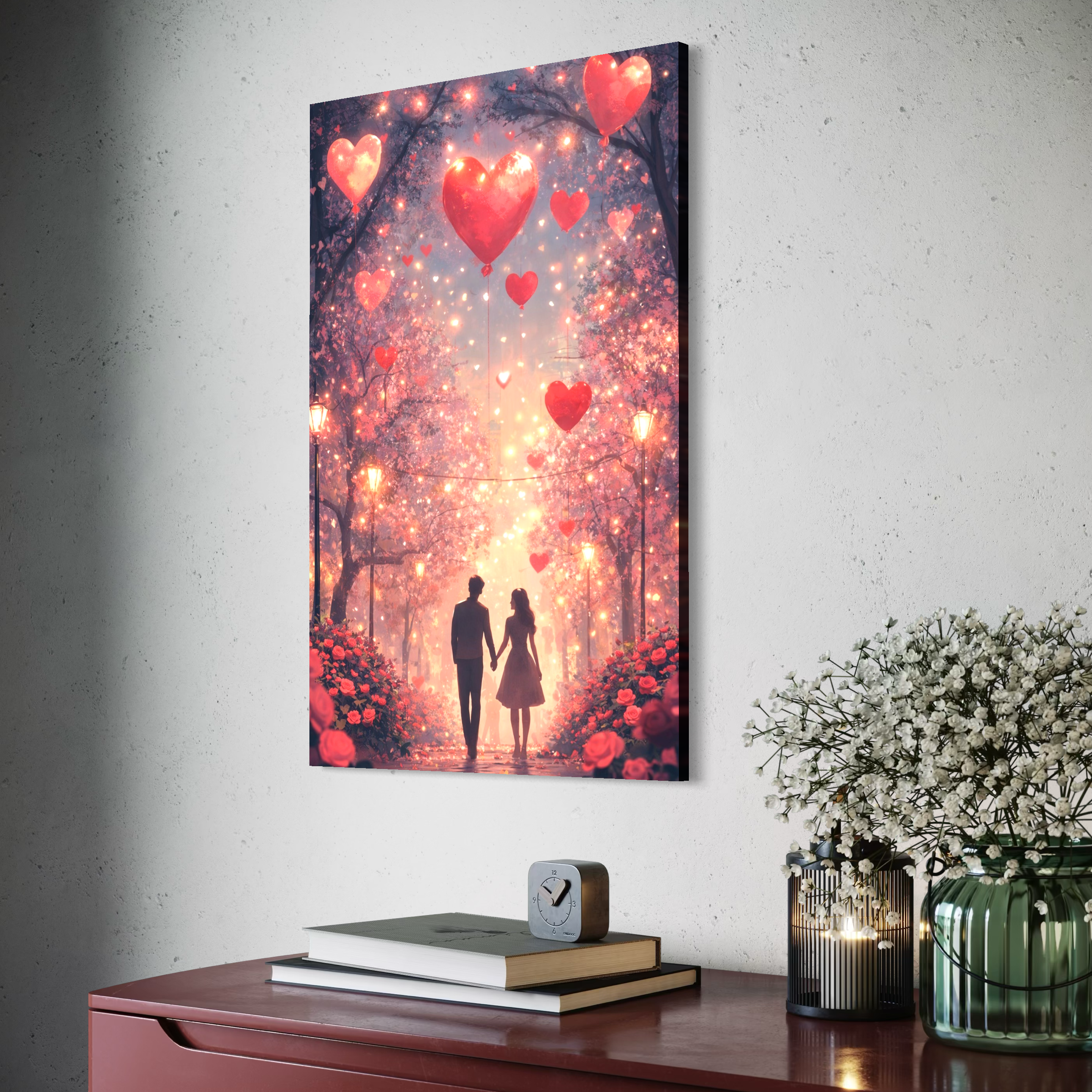 Tablou Canvas Premium, LuxCanva® E1063, Aleea Inimilor Aprinse, Dragoste, Inima, Iubire, Plimbare, Indragostiti, Cuplu, Alee, Parc, Noapte, Feeric, Romantism, Arta, Living, Dormitor