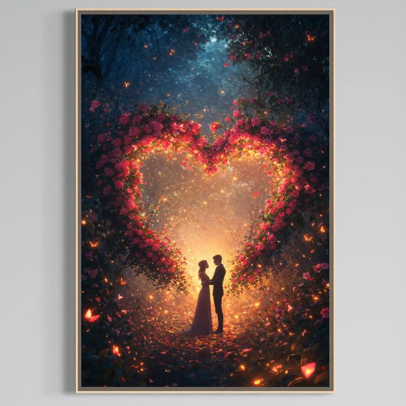 Tablou Canvas Premium LuxCanva® E1064, "Sub Coroana Iubirii", înfățișează un cuplu sub o arcadă în formă de inimă, scântei și flori magice într-o pădure - arta ideală pentru living sau dormitor, de la LuxCanva®.