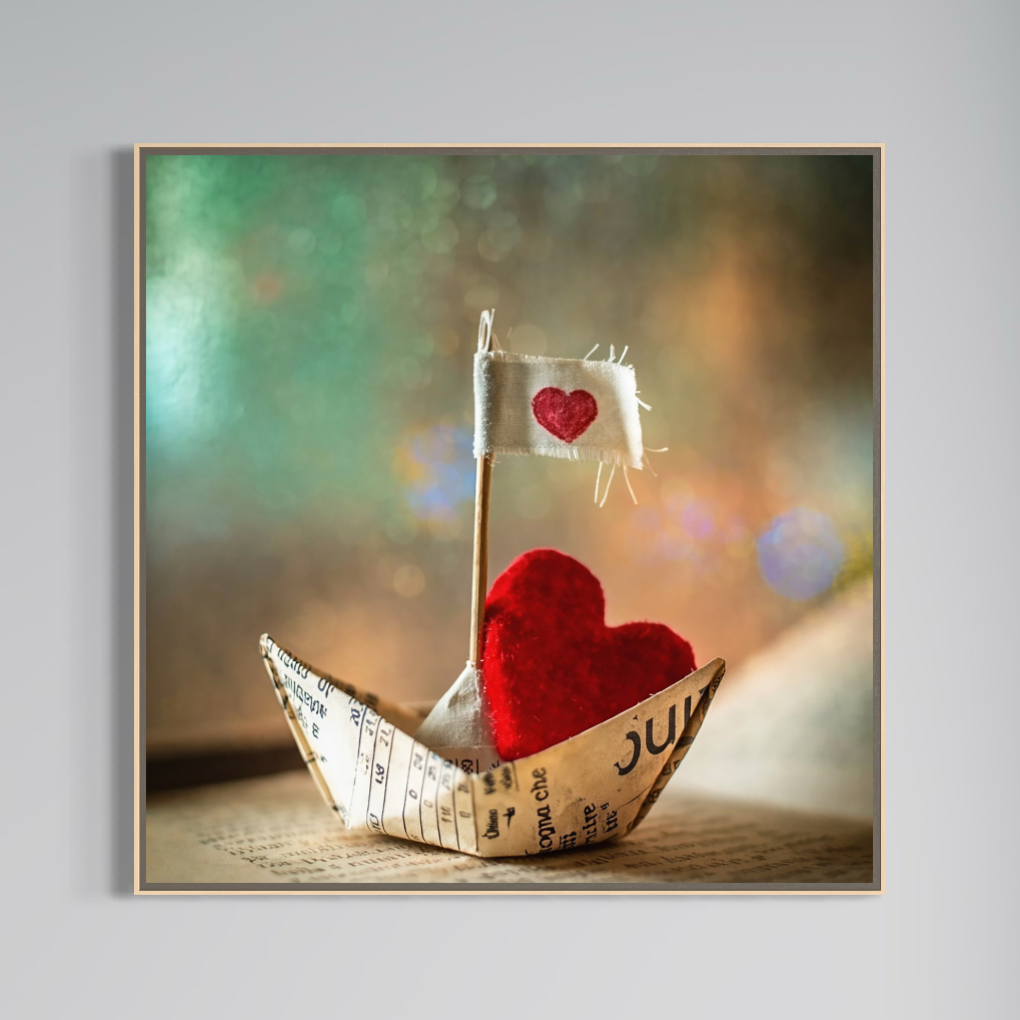 Tablou Canvas Premium, LuxCanva® E1065, Drumul Inimii, Dragoste, Inima, Iubire, Barca, Hartie, Origami, Calatorie, Destin, Steag, Barca, Mesaj, Calatorie, Arta, Living, Dormitor