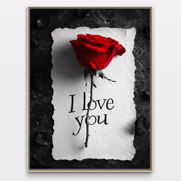 LuxCanva® Tablou Canvas Premium E1066 prezintă un trandafir roșu pe o hârtie cu margini rupte, mesaj "Te iubesc", fundal întunecat și petale de trandafir, perfect pentru a aduce romantism și pasiune în living sau dormitor.