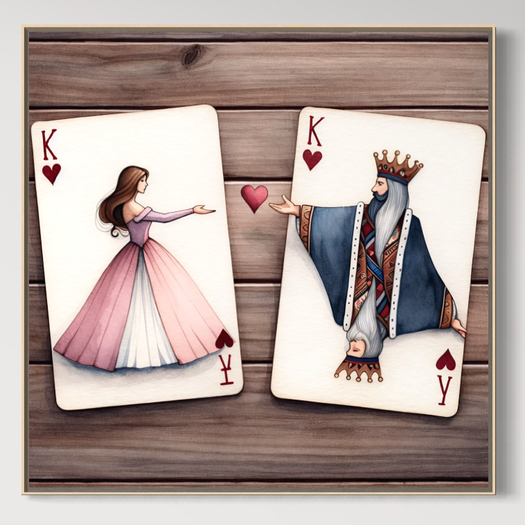 Ilustrație cu Regele și Regina în iubire, față în față, cu o inimă roșie între ei. Perfect ca Tablou Canvas Premium LuxCanva® E1068 - ideal pentru living sau dormitor, produs în România de LuxCanva®.