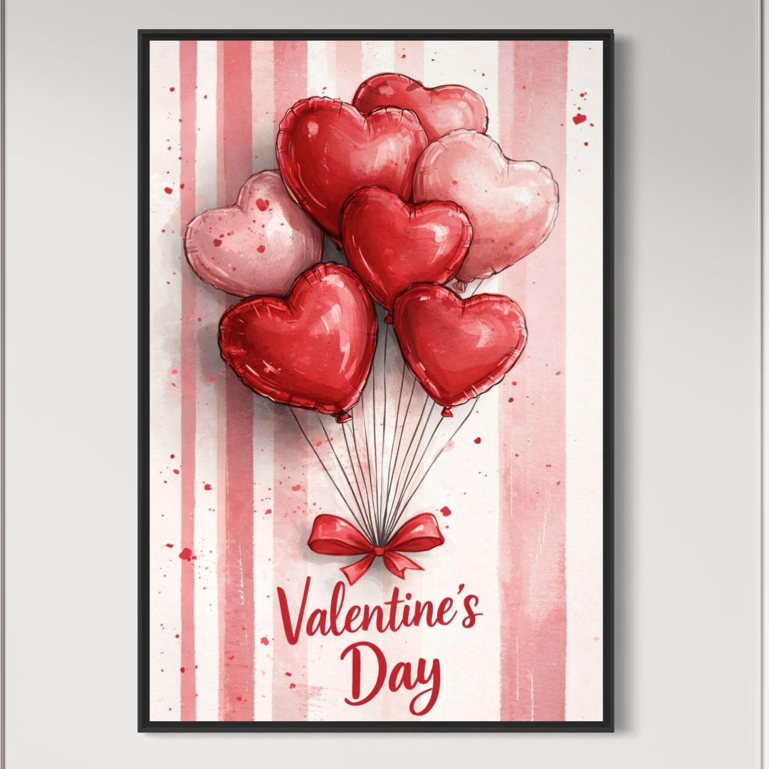 Tablou Canvas Premium, LuxCanva® E1069, Inimi pentru Valentine’s Day, Dragoste, Eternitate, Baloane, Inima, Rosu, Declaratie, Plutire, Aer, Cadou, Emotie, Daruire, Cuplu, Living, Dormitor