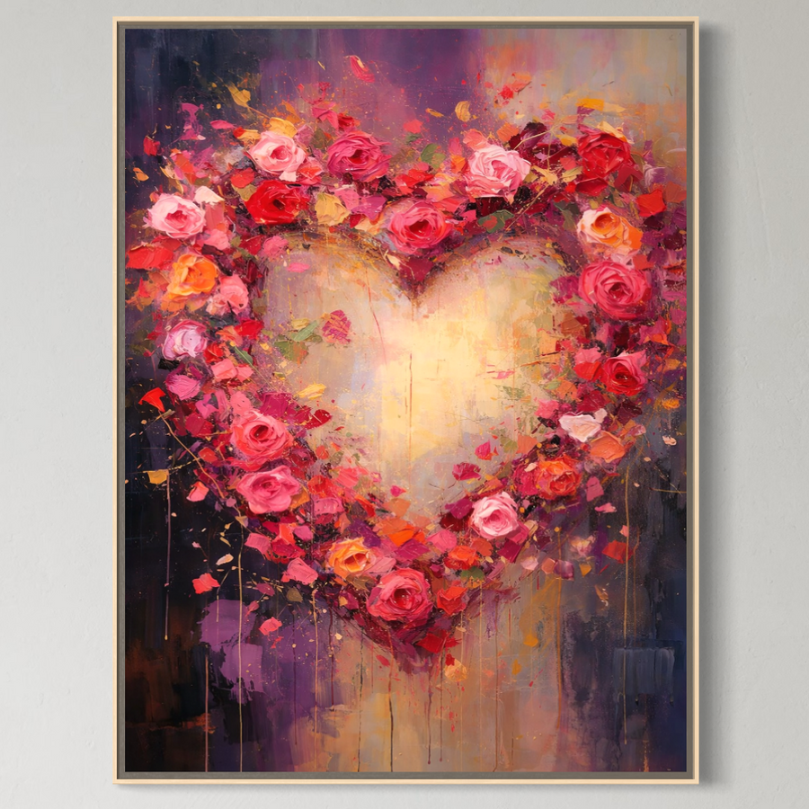 Tablou Canvas Premium LuxCanva® E1070, "Cand Iubirea Infloreste", prezinta o inima din trandafiri rosii si roz pe fundal gradient mov-auriu, panza bumbac calitate premium-ideal pentru living sau dormitor.
