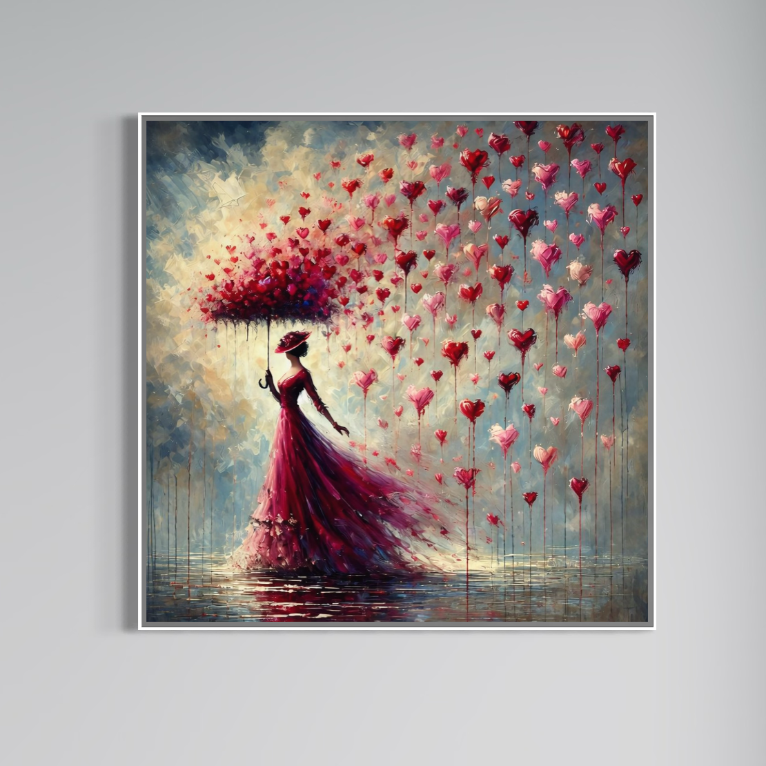 Tablou Canvas Premium, LuxCanva® E1072, Femeia si Ploaia de Inimi, Dragoste, Inima, Umbrela, Rochie, Ploaie, Plimbare, Visare, Sentimente, Feminitate, Sensibilitate, Living, Dormitor