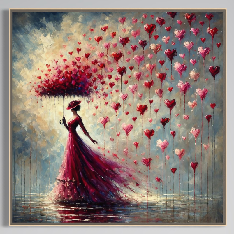 Tablou Canvas Premium LuxCanva® E1072: Femeie în rochie roșie cu umbrelă, ploaie de inimi roșii și roz, fundal oniric texturat, reflectat în apă. Ideal pentru living sau dormitor. Brand: LuxCanva® - Magazin tablouri canvas personalizate.